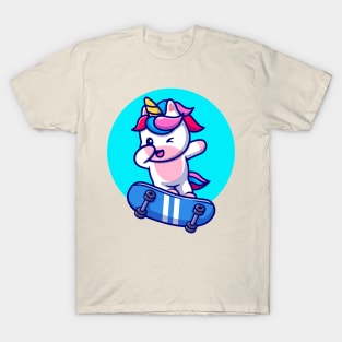 Cute Unicorn Playing Skateboard And Dabbing Cartoon T-Shirt